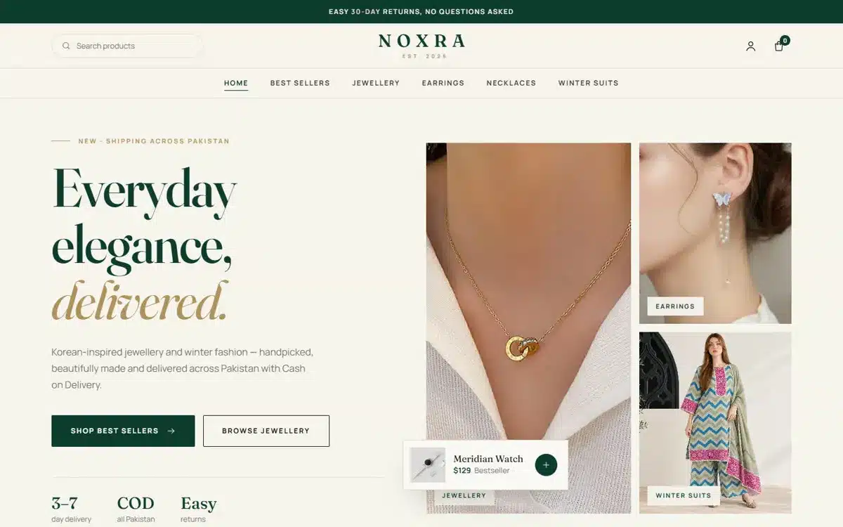NOXRA Shopify website – desktop
